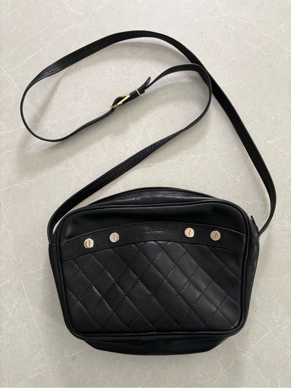 Vintage Jacques Esterel Paris Quilted Black Leather Crossbody Camera Bag Luxury